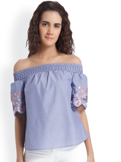

Vero Moda Women Blue Striped Bardot Top