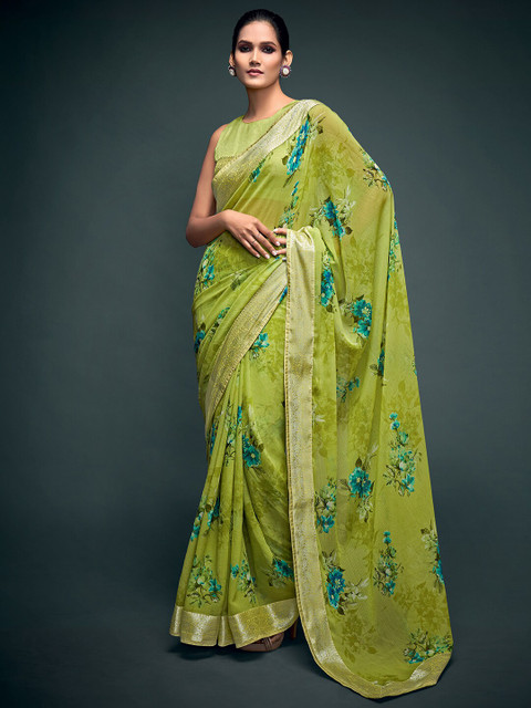 

Mitera Lime Green & Gold-Toned Floral Zari Pure Georgette Banarasi Sarees