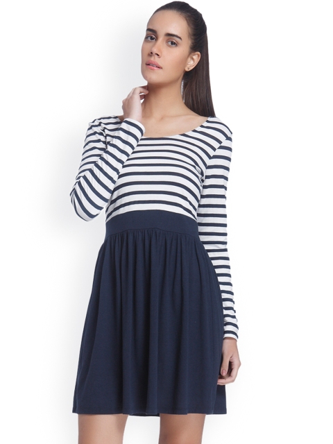 

Vero Moda Women Navy & White Striped Fit and Flare Dress, Navy blue