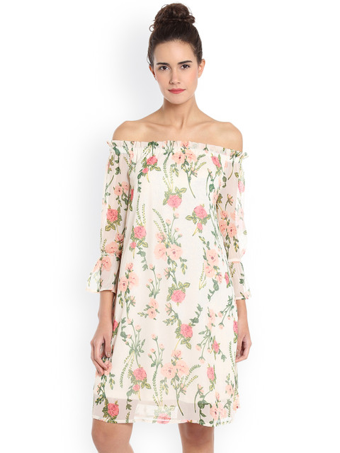 

Vero Moda Women Cream-Coloured & Pink Printed A-Line Dress