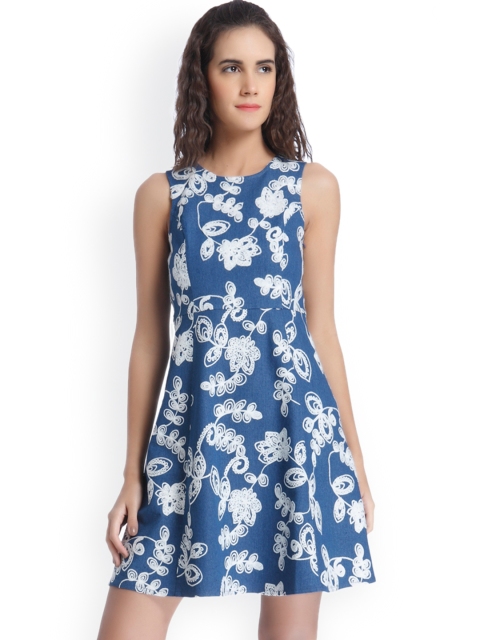 

Vero Moda Women Blue & White Self-Design Denim Fit & Flare Dress