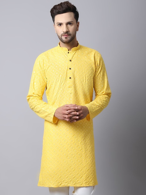 

Kaifoo Men Embroidered Cotton Kurta, Yellow