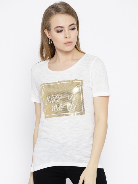 

Vero Moda Women Off-White Printed Round Neck T-shirt