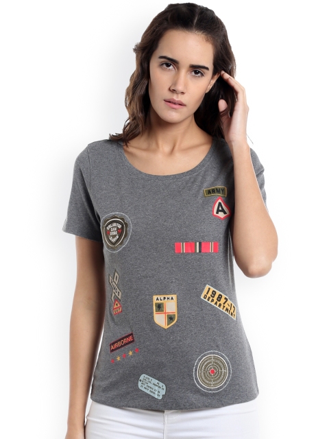 

Vero Moda Women Grey Melange Printed Round Neck T-shirt