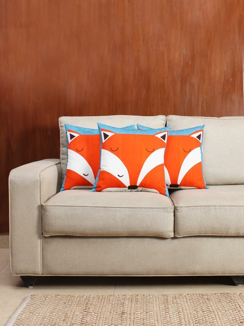 

House This Set of 3 Beige & Brown Fox Print 16" x 16" Square Cushion Covers, Orange
