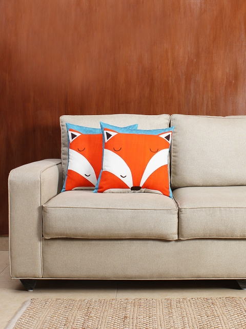 

House This Set of 2 Orange & Off-White Fox Print 16" x 16" Square Cushion Covers