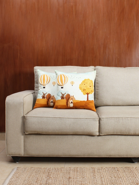 

House This Set of 2 Off-White & Brown Printed 16" x 16" Square Cushion Covers