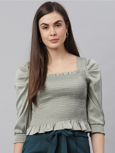 

JUNE & HARRY Women Green Smocked Satin Top