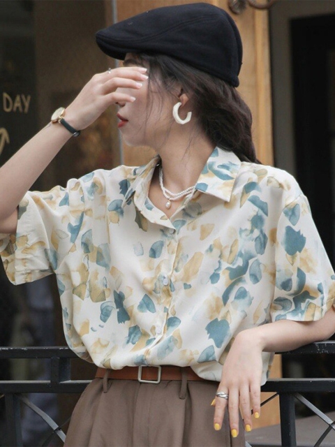 

La Aimee Women White & Beige Printed Shirt Style Top