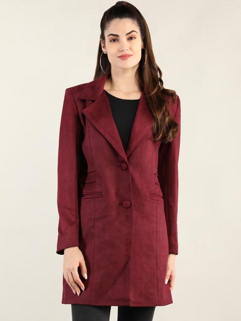 

LEBORK Women Maroon Solid Longline Coats