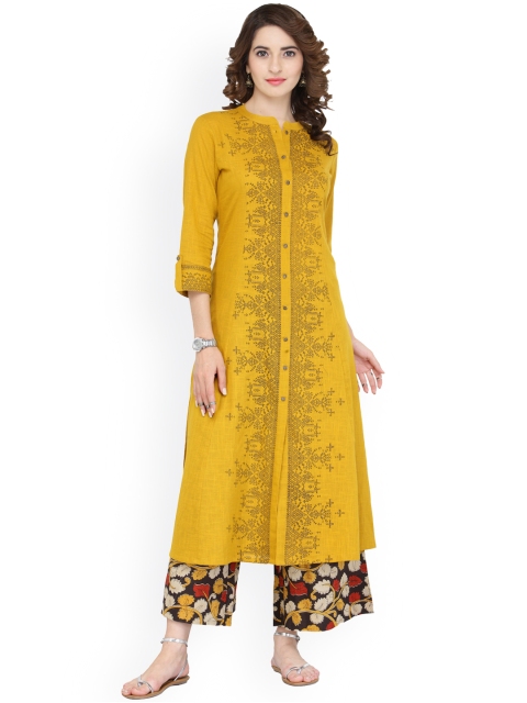 

Varanga Mustard Cotton Blend Printed Kurta With Palazzo