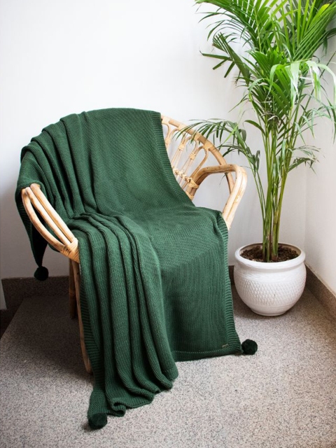Pluchi Green Solid Knitted Pure Cotton AC Throws Blanket