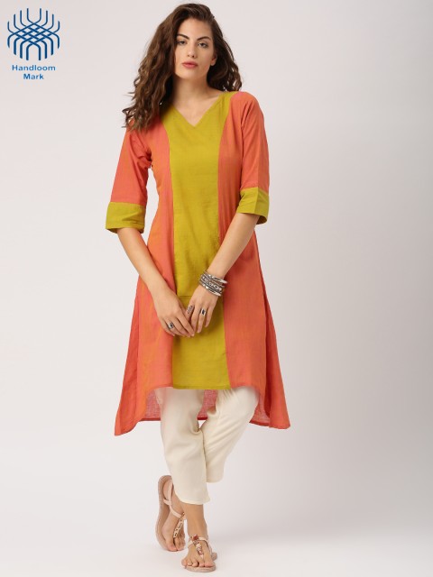 

IndusDiva Loomnic Women Pink & Green Colourblocked Mangalgiri Handloom A-Line Kurta