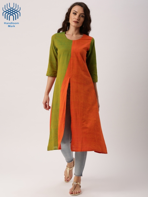

IndusDiva Loomnic Women Orange & Green Mangalgiri Cotton Handloom A-Line Kurta