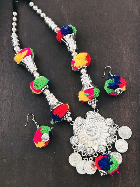 

The Opal Factory Silver-Plated Blue & Red Pom Pom Studded Jewellery Set