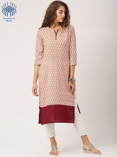 

IndusDiva Loomnic Women Off-White & Maroon Tie & Dye Handloom Ikat Straight Kurta