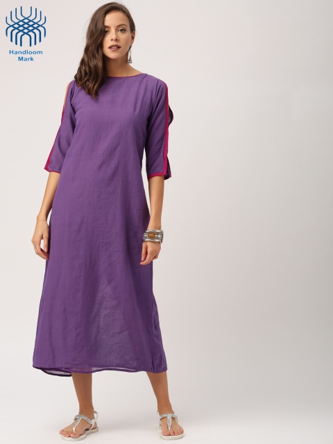 

IndusDiva Loomnic Women Purple Solid Mangalgiri Handloom Midi Dress