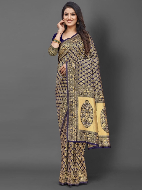 

KALINI Navy Blue & Beige Ethnic Motifs Silk Blend Banarasi Saree