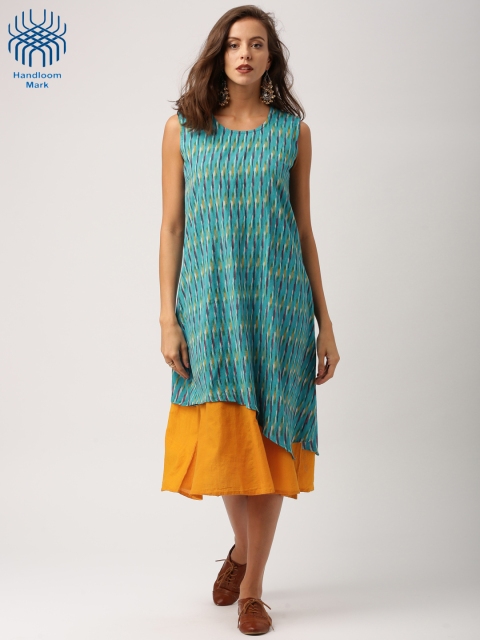 

IndusDiva Loomnic Women Blue Layered Mangalgiri Handloom Ikat A-Line Dress