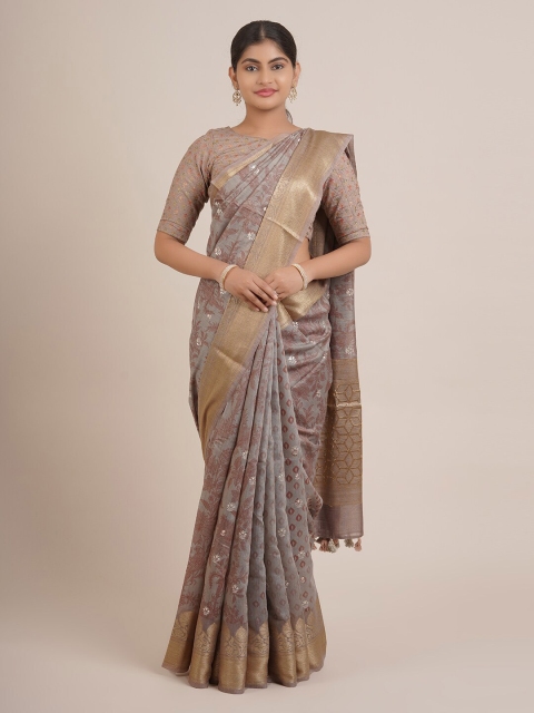 

Pothys Grey And Gold Toned Floral Woven Design Zari Pure Silk Saree