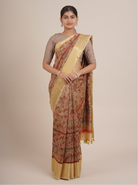 

Pothys Brown And Gold Toned Floral Print Zari Border Pure Silk Saree