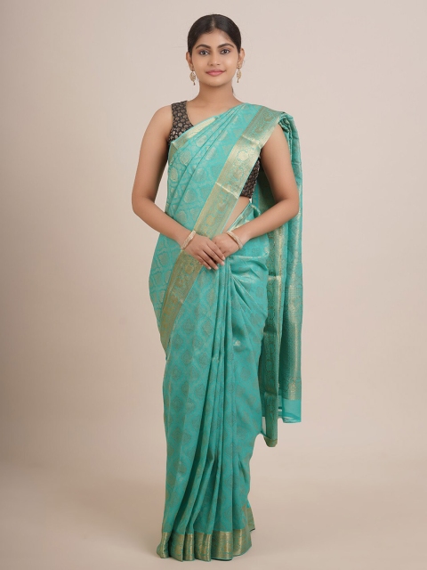 

Pothys Blue And Gold Toned Ethnic Motifs Woven Design Zari Pure Georgette Saree