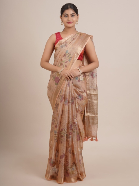 

Pothys Peach-Coloured & Silver-Toned Floral Zari Saree