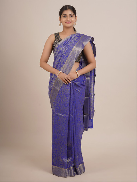 

Pothys Blue & Silver-Toned Floral Zari Pure Georgette Saree