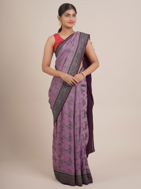 

Pothys Violet & Gold-Toned Floral Zari Pure Silk Saree