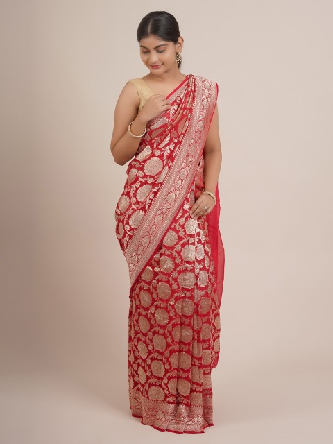 

Pothys Red & Silver-Toned Floral Zari Pure Silk Banarasi Saree