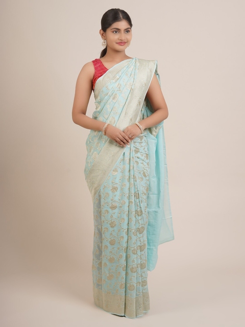 

Pothys Blue & Gold-Toned Floral Zari Pure Silk Saree