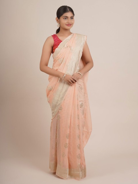

Pothys Peach-Coloured & Gold-Toned Woven Design Zari Pure Silk Saree