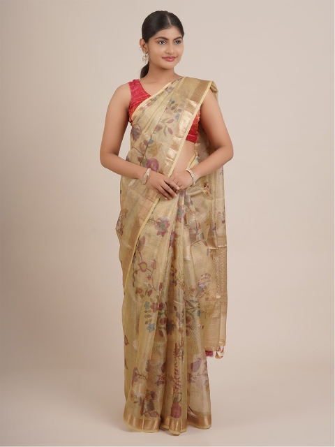 

Pothys Gold-Toned & Red Floral Zari Tissue Saree
