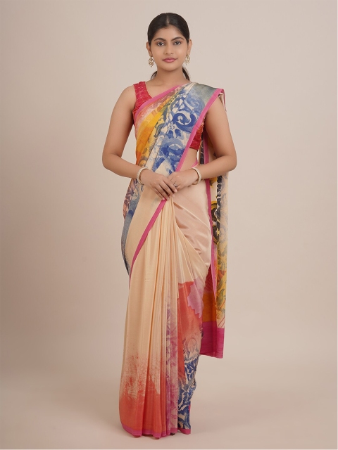 

Pothys Cream-Coloured & Pink Printed Pure Chiffon Saree