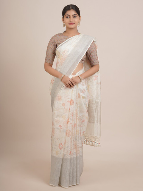 

Pothys White & Grey Floral Pure Silk Saree