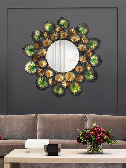 

Aapno Rajasthan Gold-Toned Floral Design Round Mirror