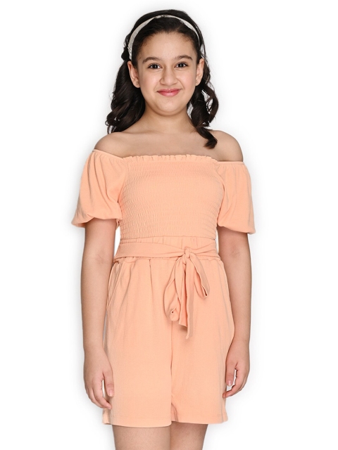 

SPUNKIES Girls Organic Cotton Off-Shoulder Jumpsuit, Peach