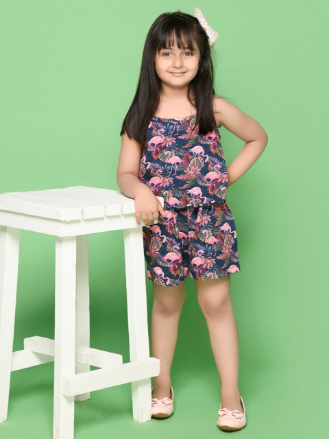 

SPUNKIES Girls Organic Cotton Printed Jumpsuit, Navy blue
