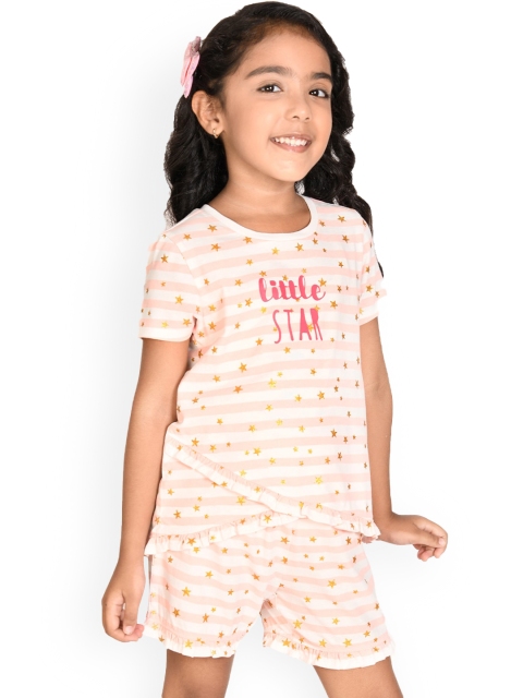 

SPUNKIES Girls Pink And White Printed Asymmetric Hem Organic Cotton Night suit