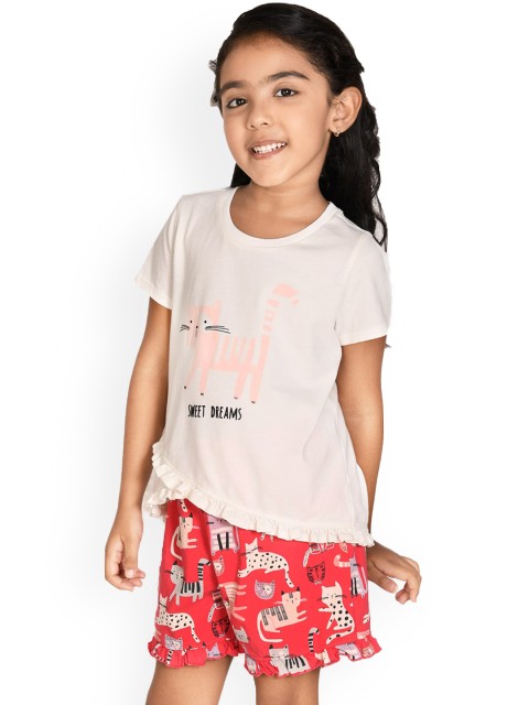 

SPUNKIES Girls White & Red Printed Organic Cotton Night suit
