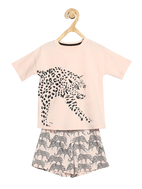 

SPUNKIES Girls Pink & Black Printed Organic Cotton Night suit