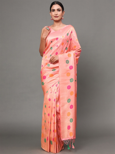

Ekta Textiles Peach-Coloured & Green Woven Design Zari Pure Silk Banarasi Saree