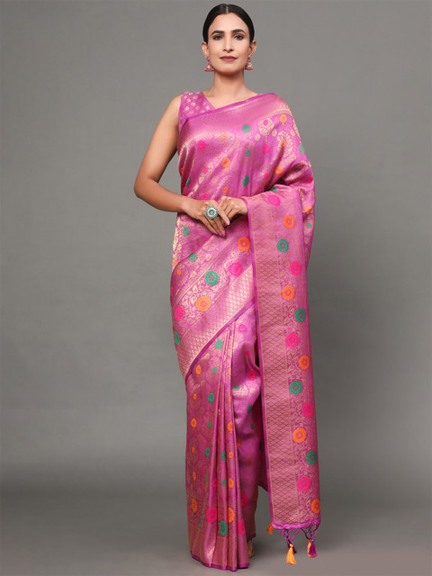 

Ekta Textiles Pink & Green Woven Design Zari Pure Silk Banarasi Saree