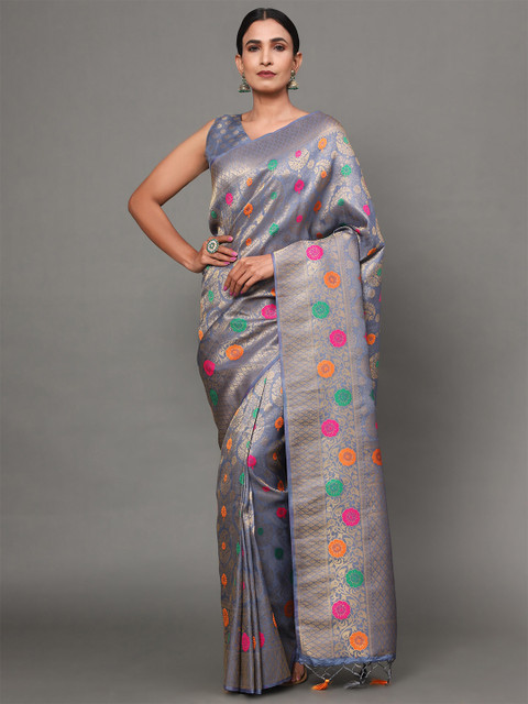 

Ekta Textiles Grey & Pink Floral Zari Pure Silk Banarasi Saree