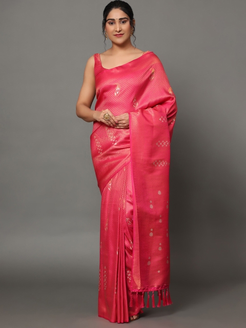 

Ekta Textiles Pink & Gold-Toned Ethnic Motifs Zari Pure Silk Banarasi Saree