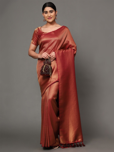 

Ekta Textiles Maroon & Gold-Toned Woven Design Zari Pure Silk Banarasi Saree