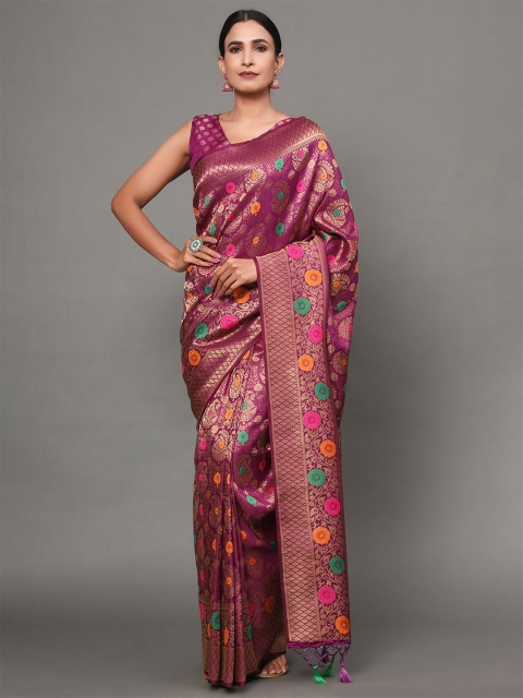 

Ekta Textiles Magenta & Gold-Toned Floral Zari Pure Silk Banarasi Saree