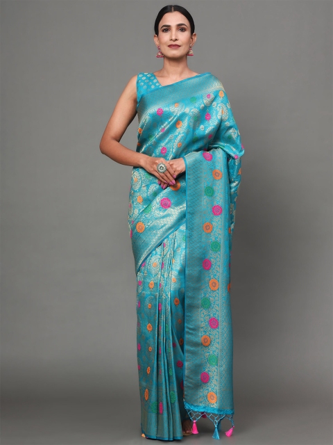 

Ekta Textiles Turquoise Blue & Pink Floral Zari Pure Silk Banarasi Saree