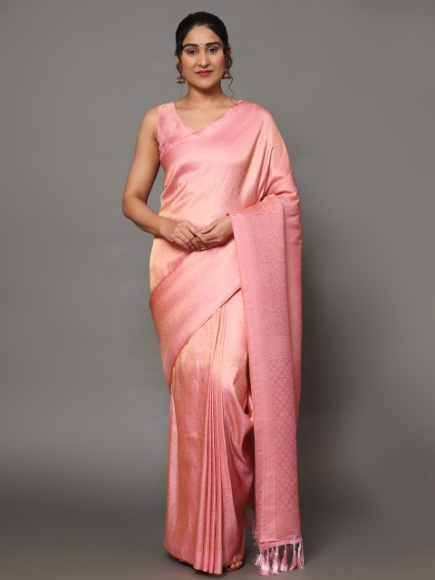 

Ekta Textiles Pink & Gold-Toned Woven Design Zari Pure Silk Banarasi Saree