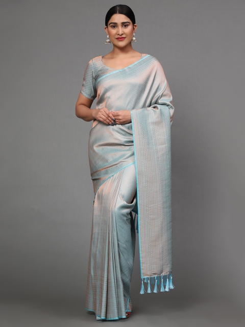 

Ekta Textiles Blue & Gold-Toned Woven Design Zari Pure Silk Banarasi Saree